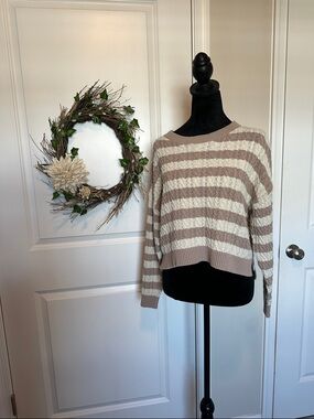 Striped Crewneck Sweater in Cream and Taupe